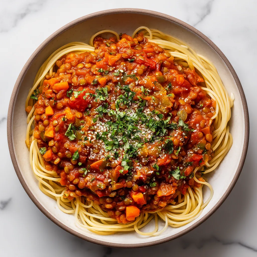 A bowl of spaghetti with tomato sauce and vegetables.