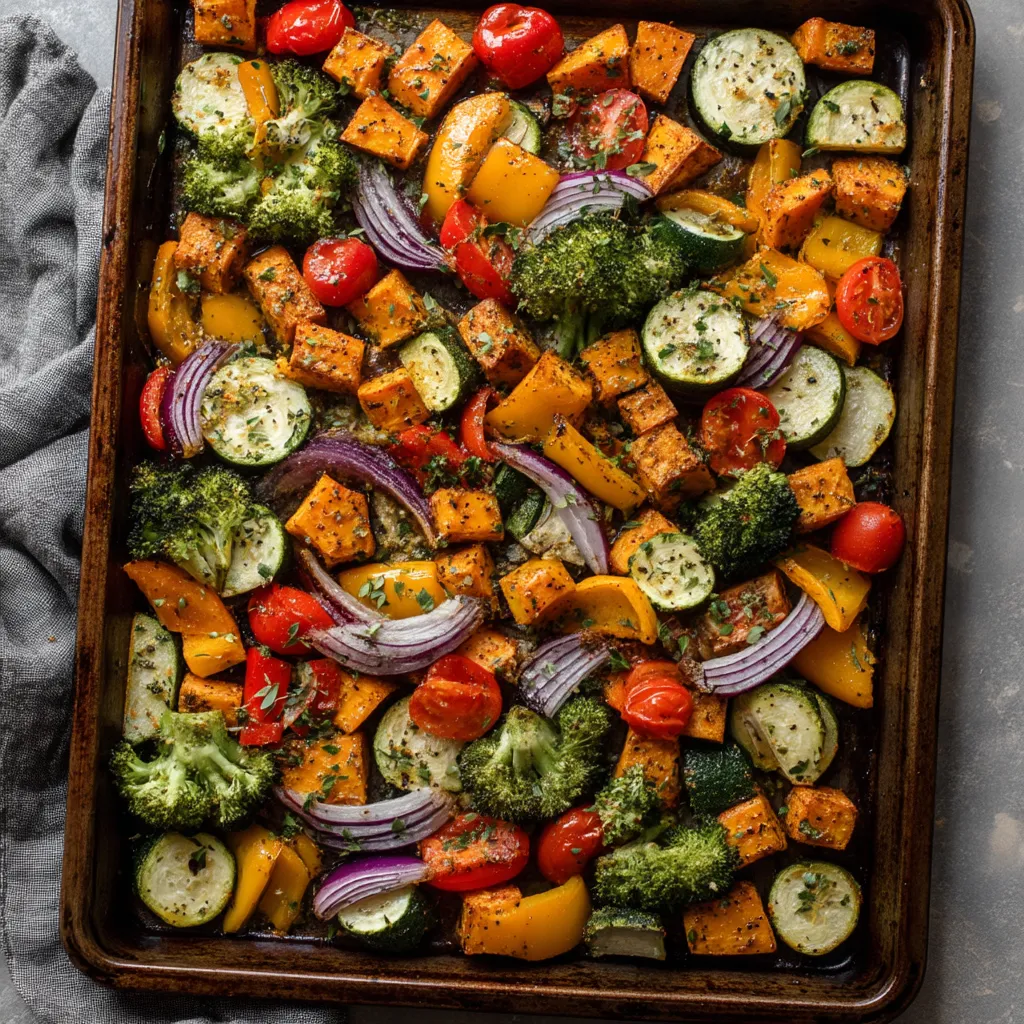 A pan of vegetables including broccoli, onions, and tomatoes.