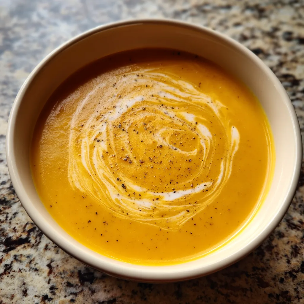 A bowl of soup with a spoon in it.
