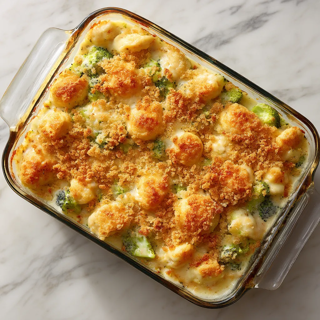 A glass dish filled with a cheesy and broccoli casserole.
