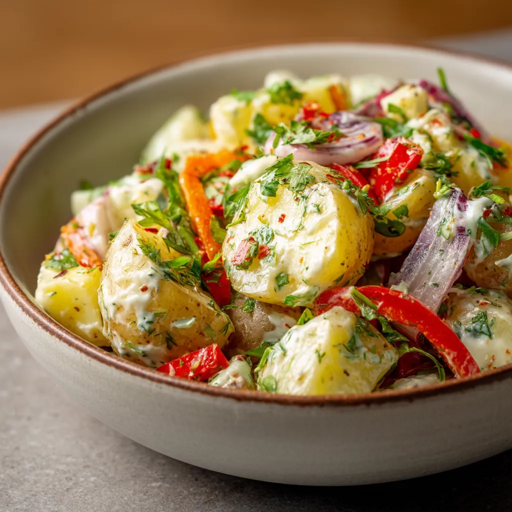 A bowl of food with potatoes, carrots, and onions.