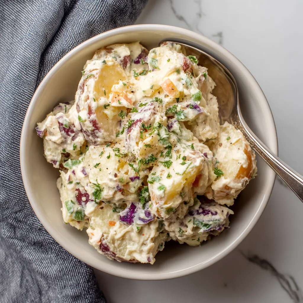 A bowl of potato salad with a spoon in it.