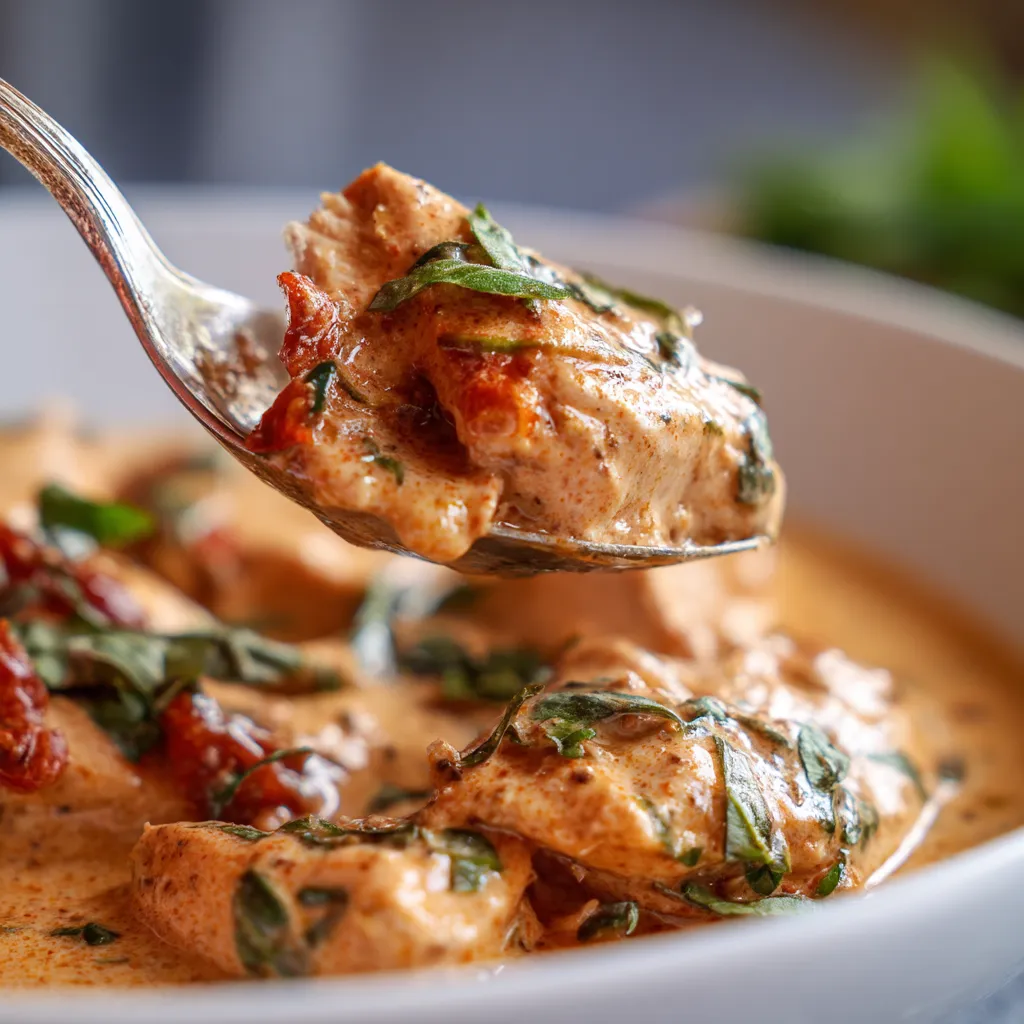 A spoon is in a bowl of soup.
