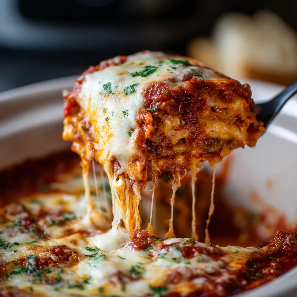 A slice of lasagna is being lifted from a bowl.