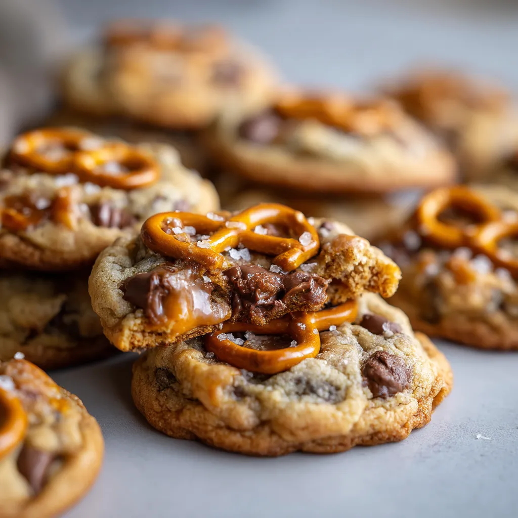 A plate of cookies with chocolate and pretzels.