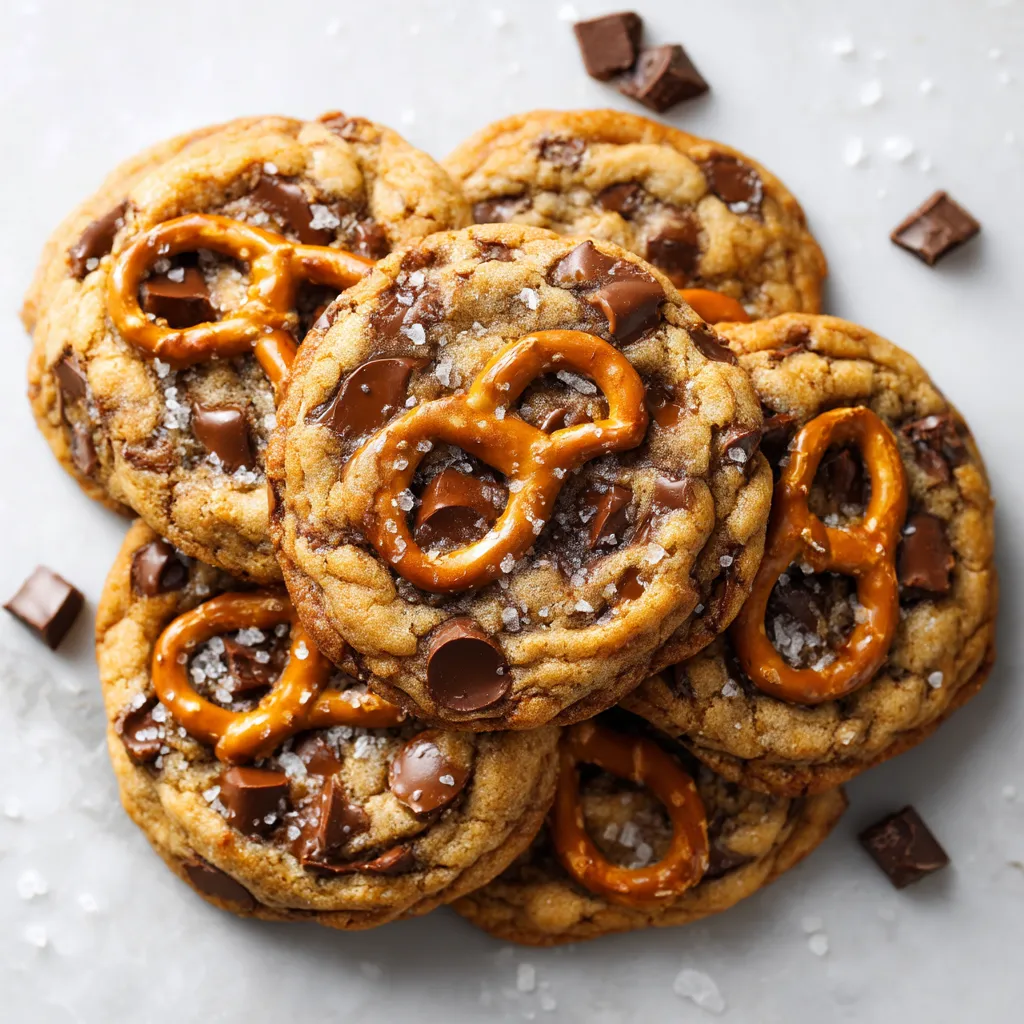 A stack of chocolate chip cookies with pretzels on top.