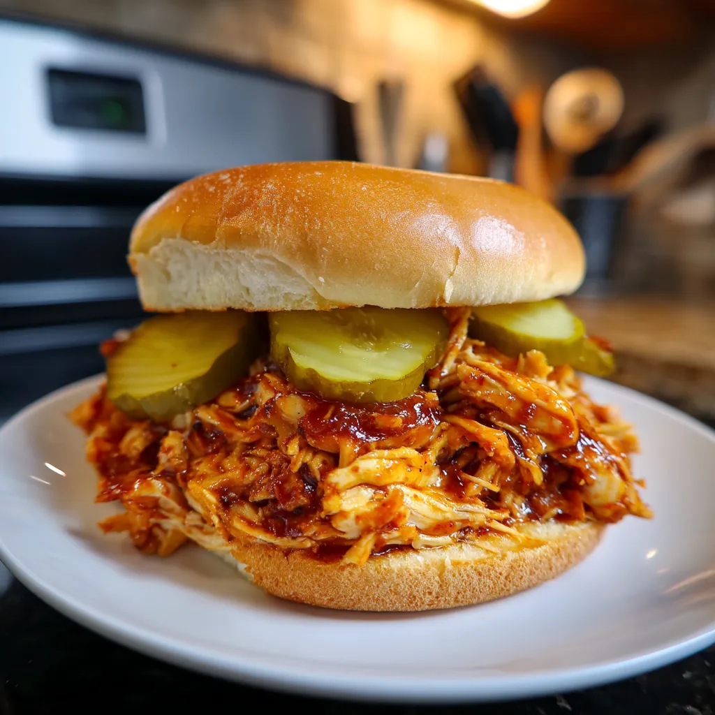A sandwich with pickles and barbecue sauce on a white plate.