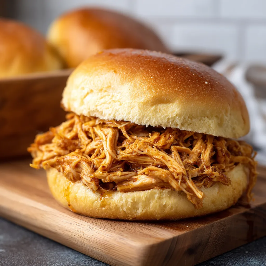 A sandwich with meat on a wooden board.