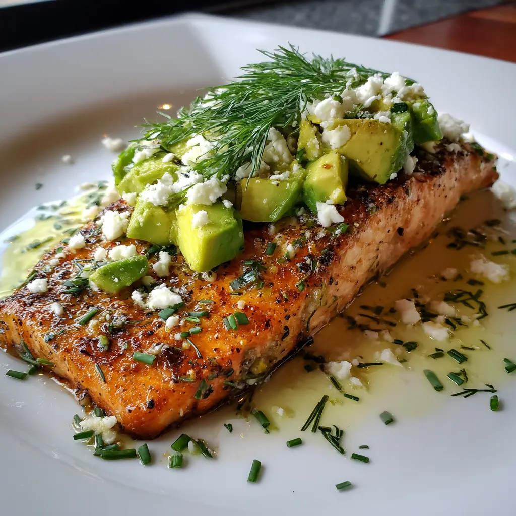 A plate of fish with avocado and feta cheese.