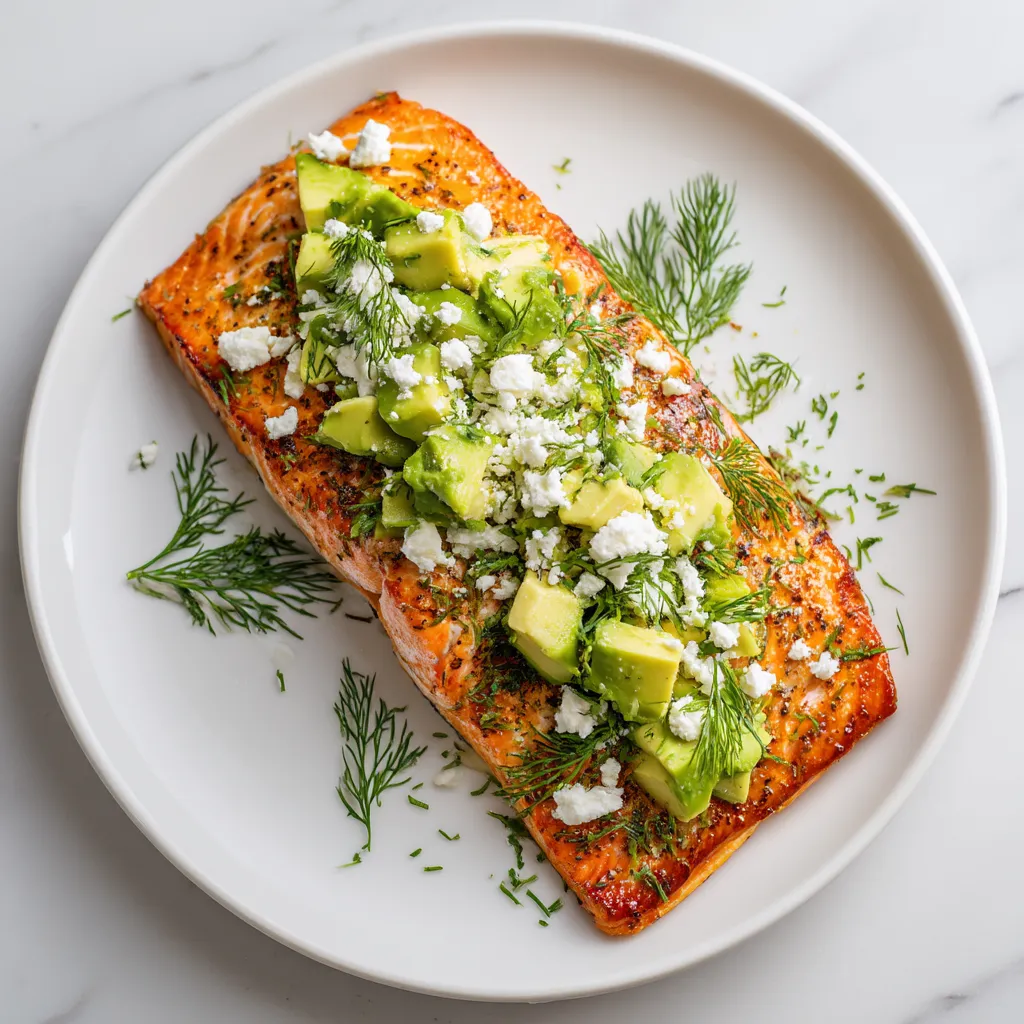 A plate of fish with avocado and blue cheese.