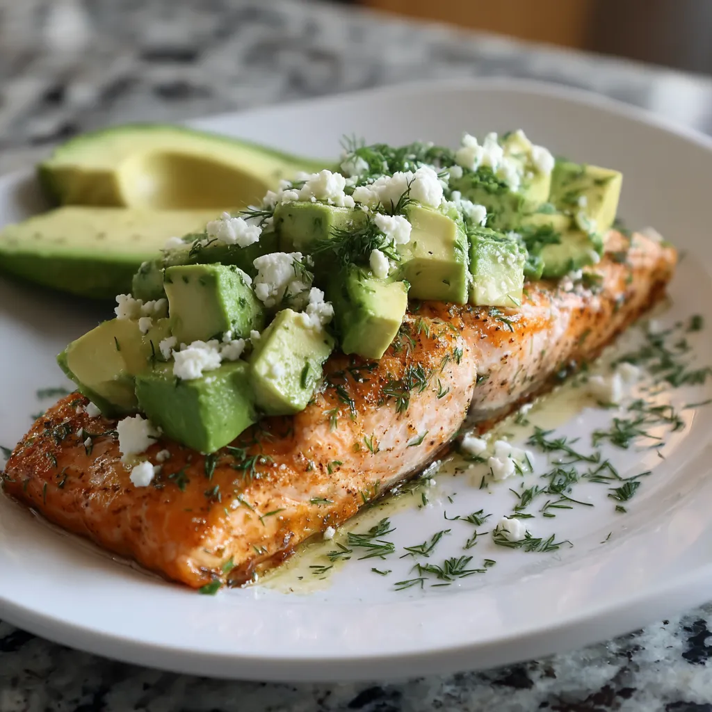A plate of food with fish and avocado.