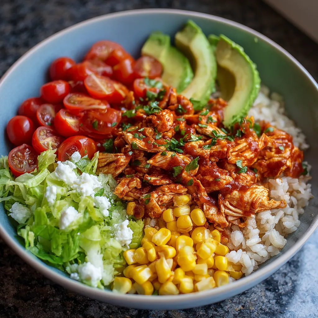 A bowl of food with rice, corn, tomatoes, lettuce, and avocado.