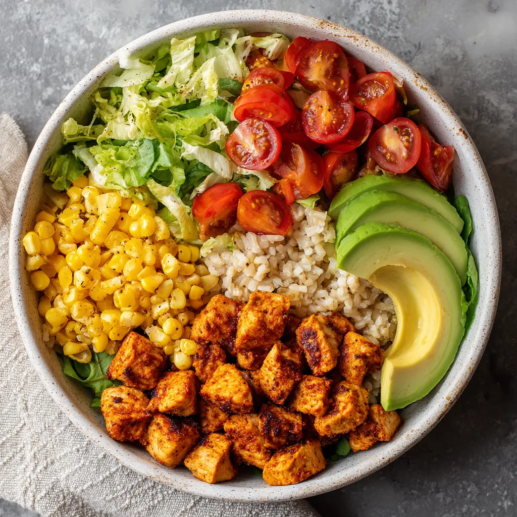 A bowl of food with rice, corn, tomatoes, lettuce, and avocado.