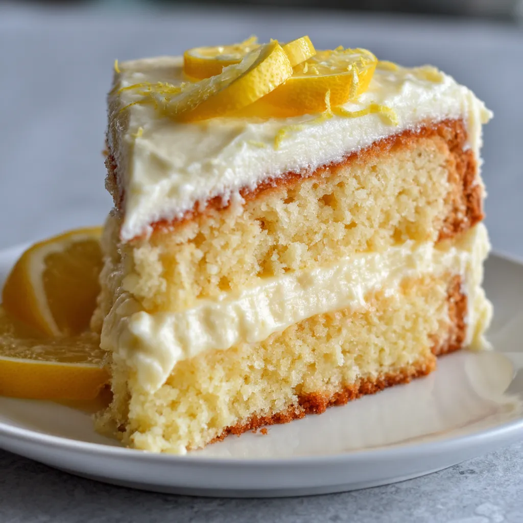 A slice of cake with lemon on top.