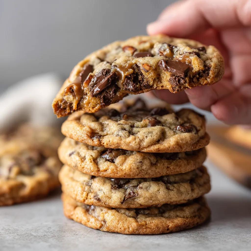 A person holding a cookie with chocolate chips.