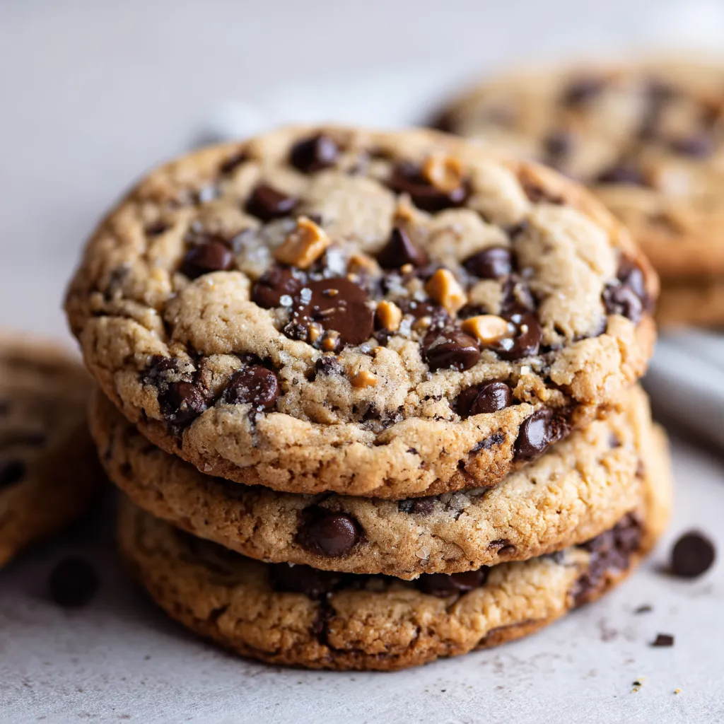 Chocolate chip cookies stacked on a table.