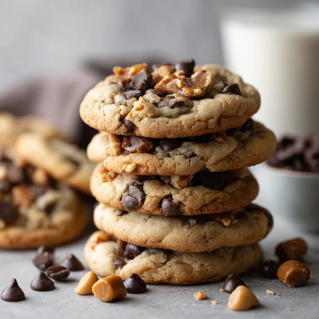 A stack of chocolate chip cookies.