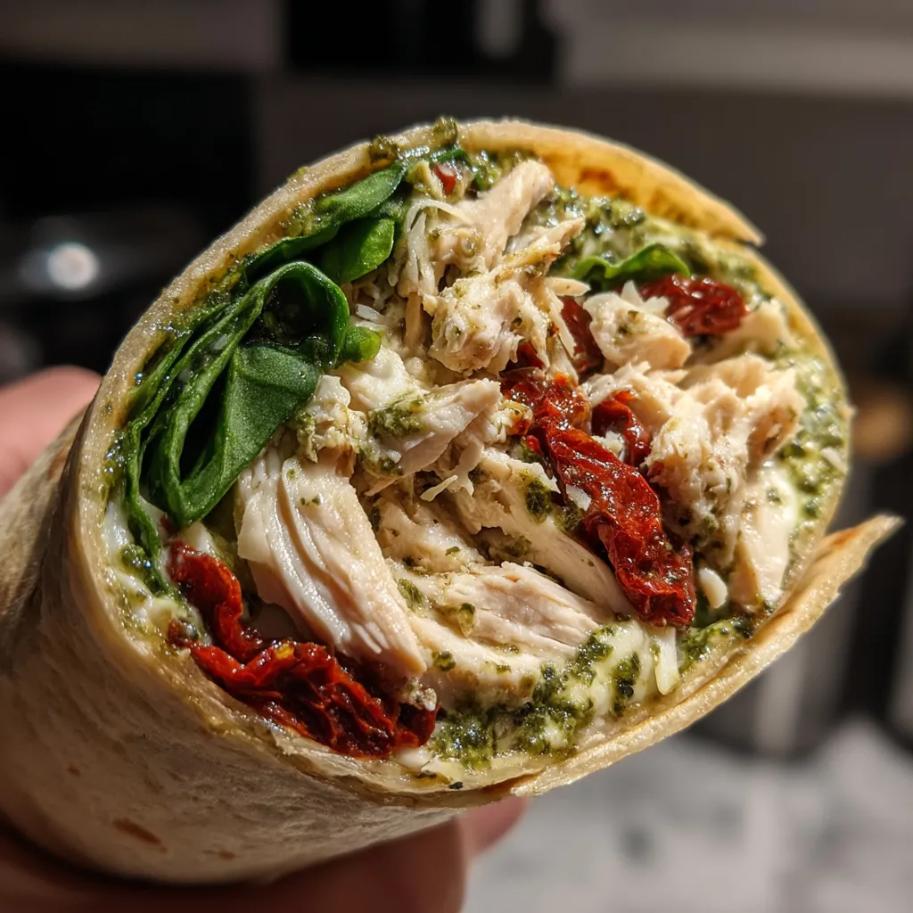 A hand holding a wrap with chicken and vegetables.