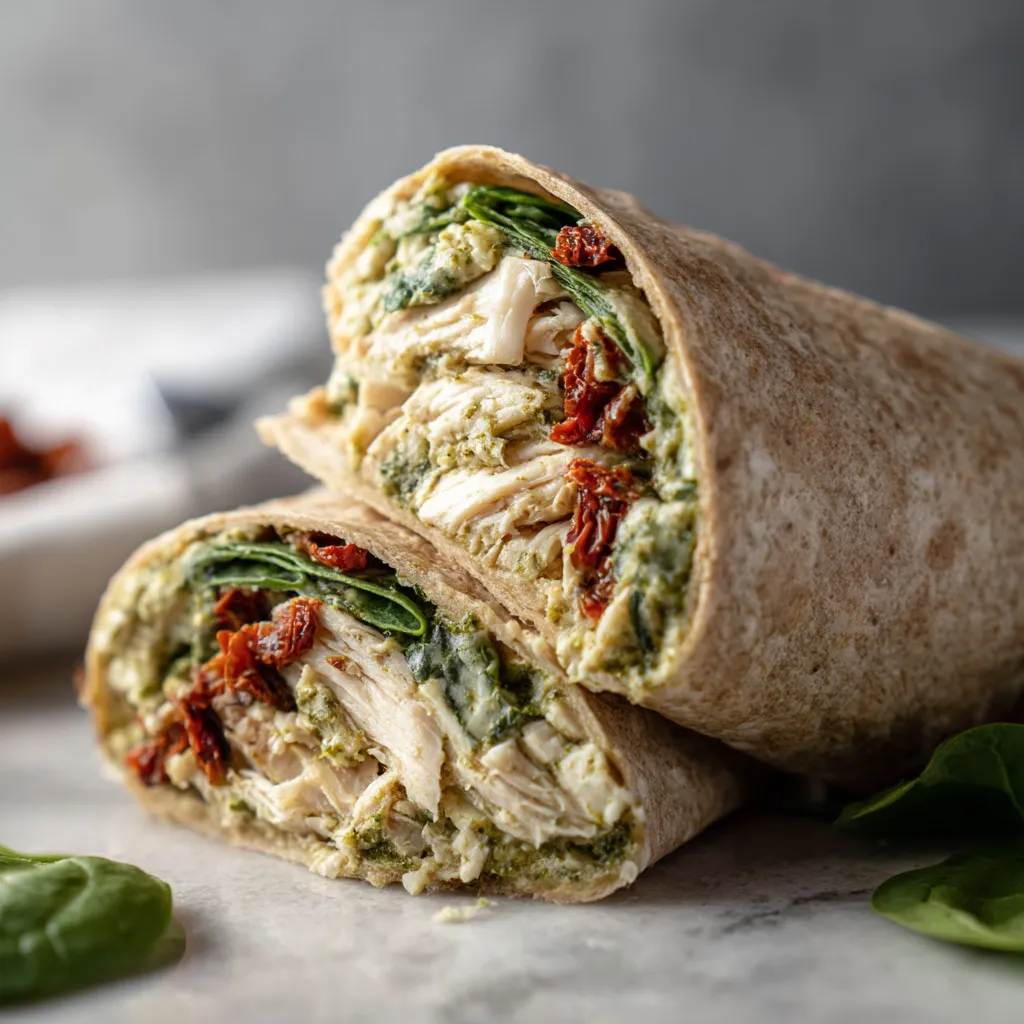 A wrap with chicken and vegetables.