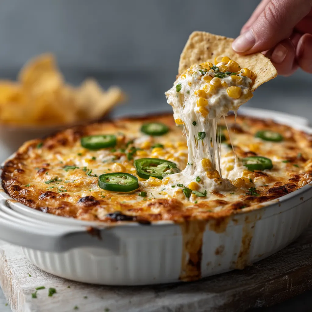 Cheesy Jalapeño Corn Dip with Tortilla Chips
