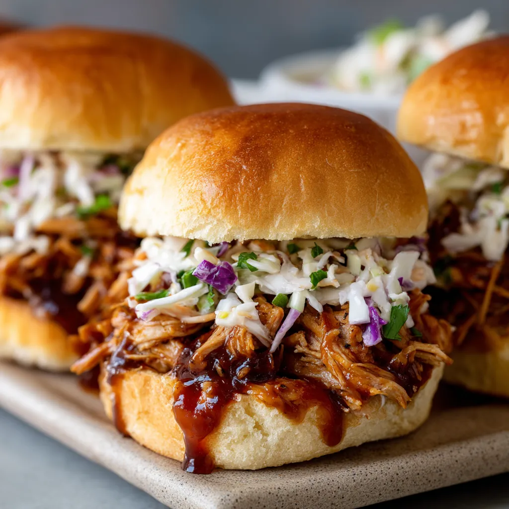 Three barbecue sandwiches on a plate.