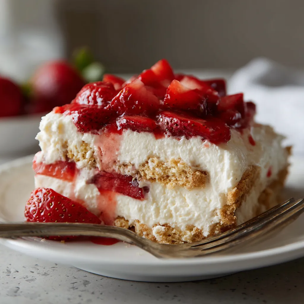 A slice of strawberry cheesecake on a plate.