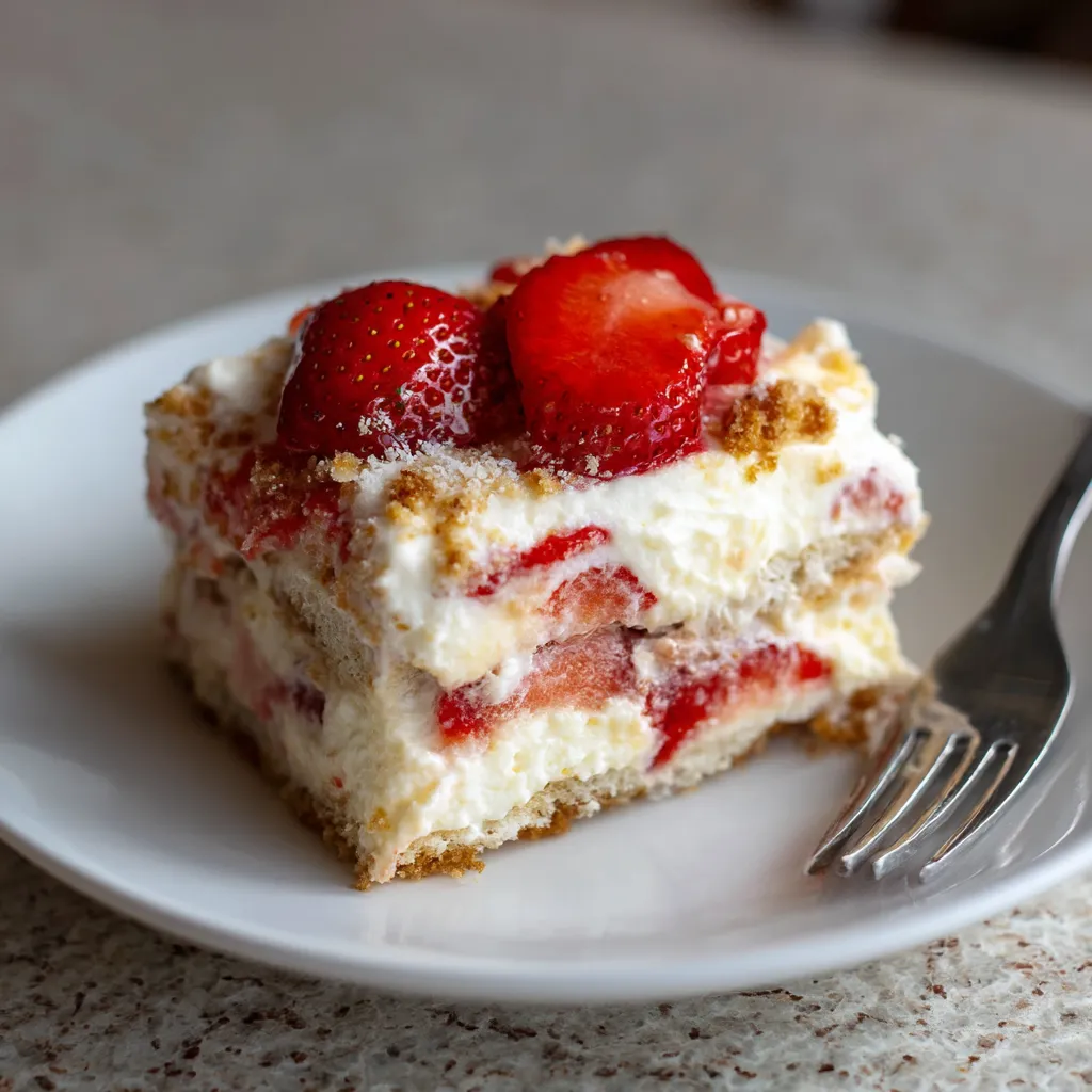 A slice of strawberry cake on a white plate.