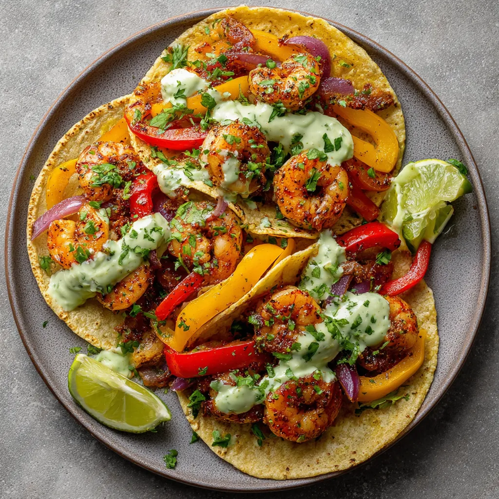 A plate of food with shrimp, peppers, and onions.
