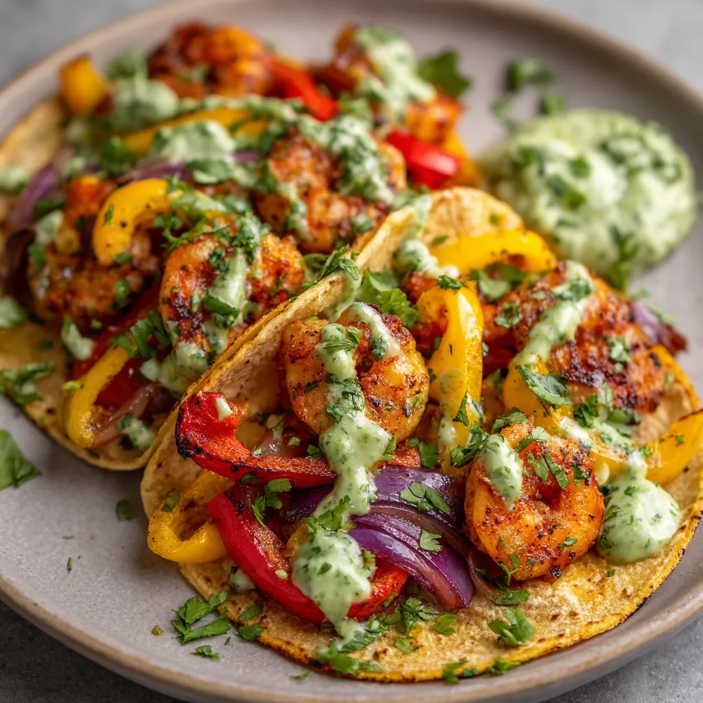 A plate of shrimp tacos with a side of guacamole.