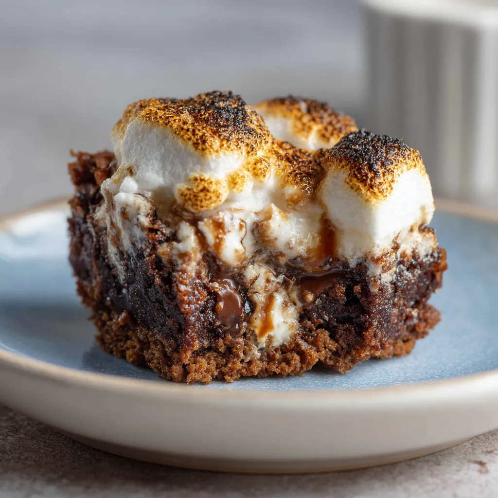 A piece of cake with marshmallows on top.