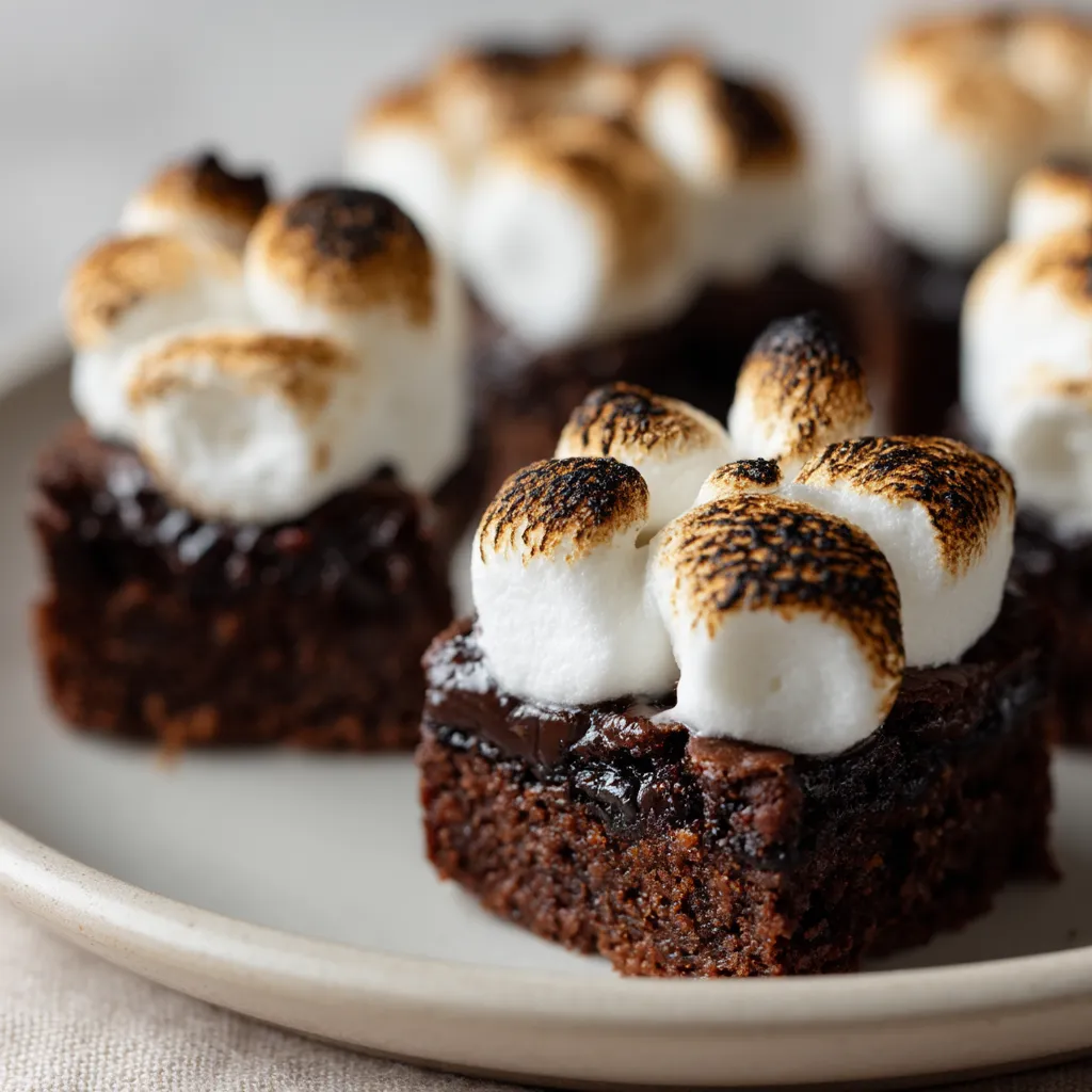 A plate of chocolate cake with marshmallows on top.