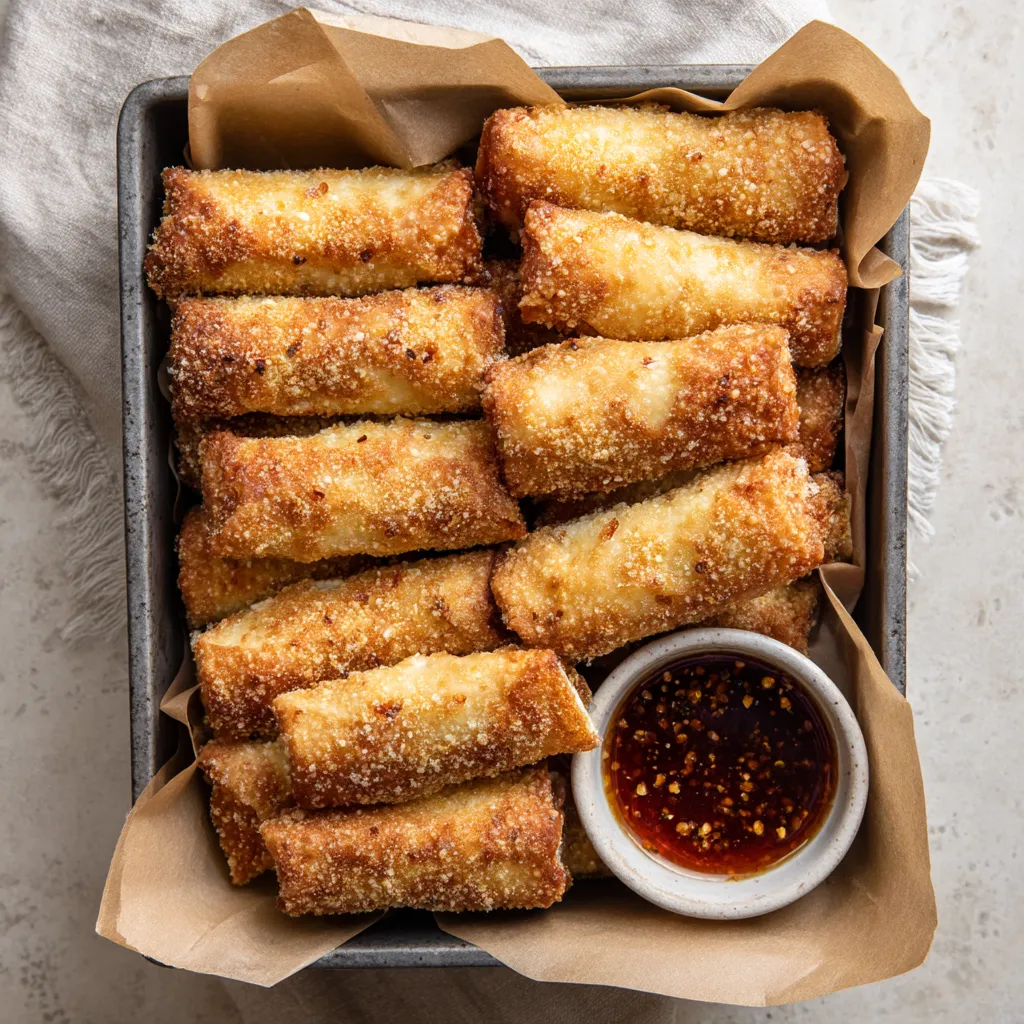 A tray of food with a sauce.