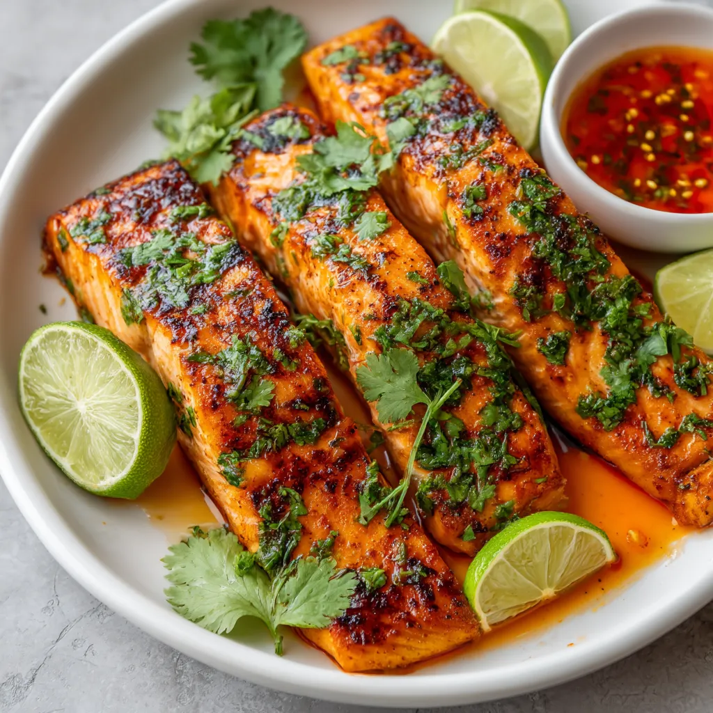 A plate of grilled fish with lime wedges and a bowl of sauce.