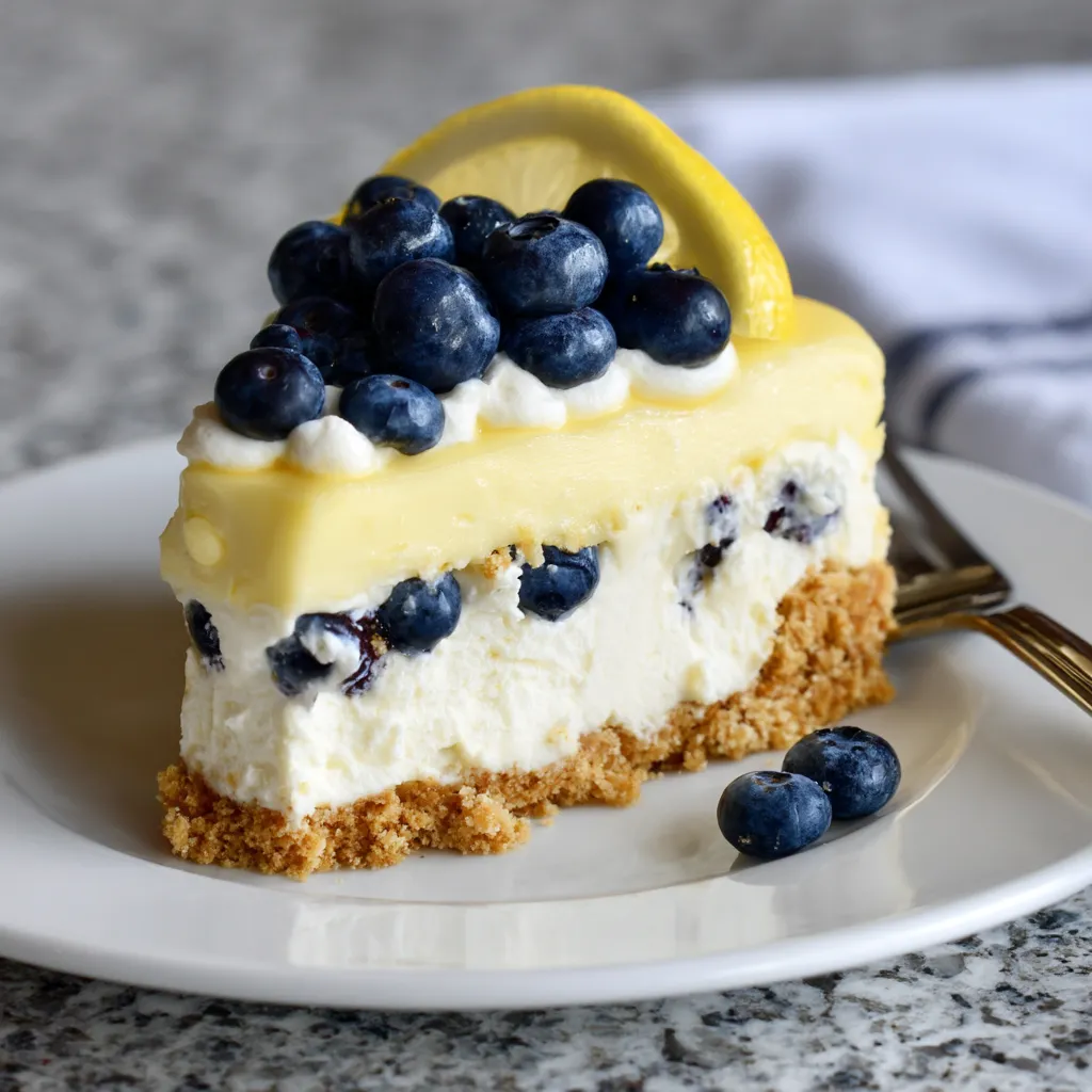 A slice of lemon blueberry cheesecake.
