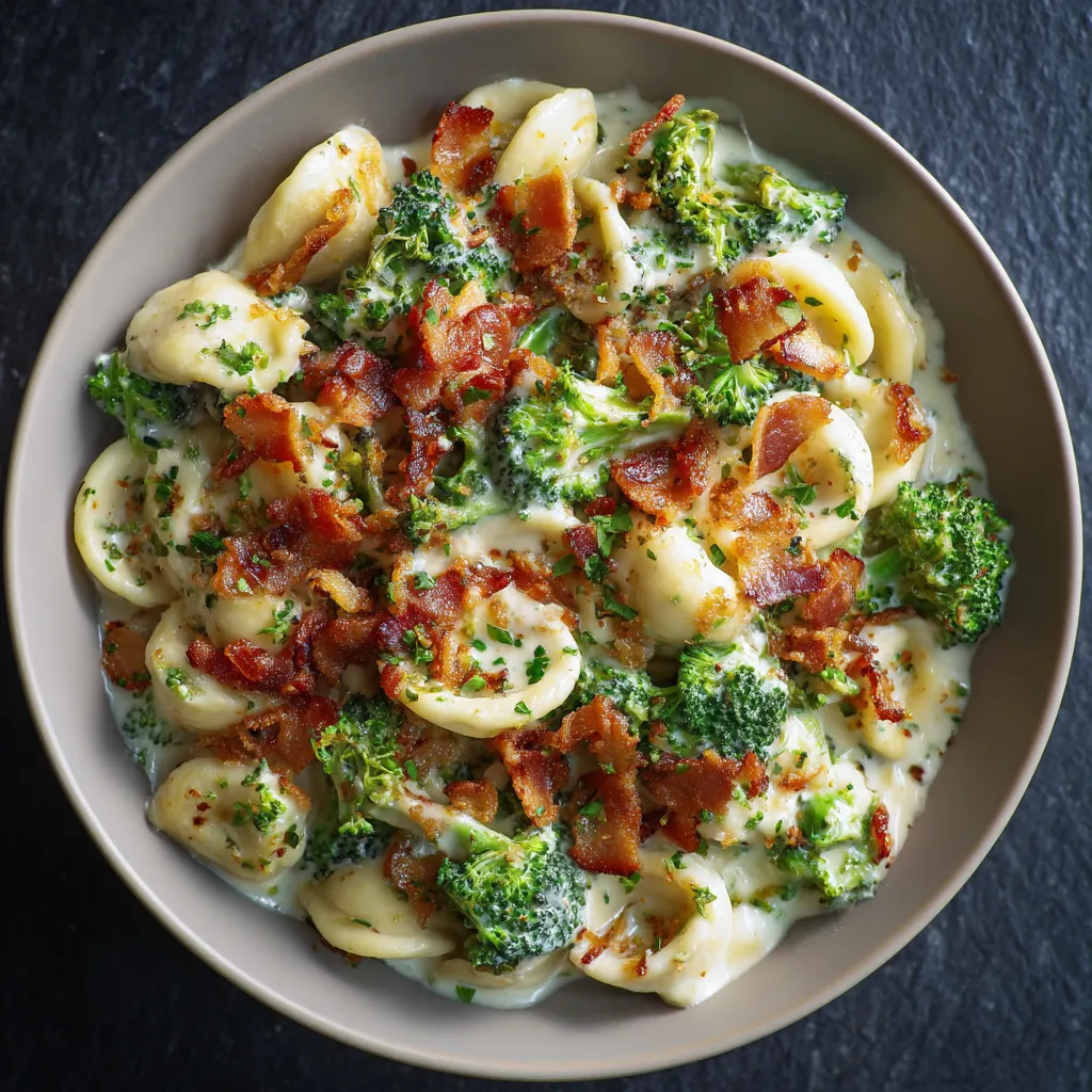 A bowl of pasta with bacon and broccoli.