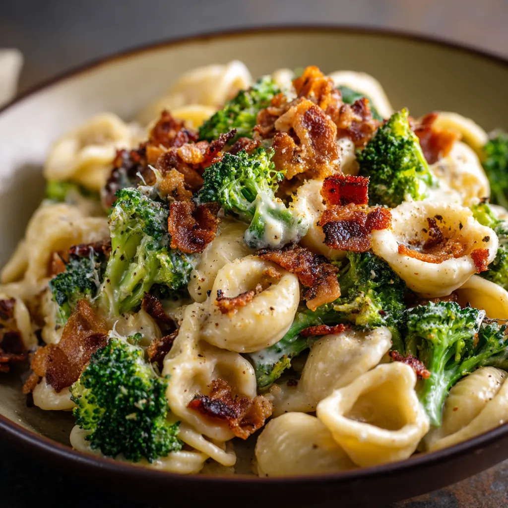 A bowl of pasta with bacon and broccoli.