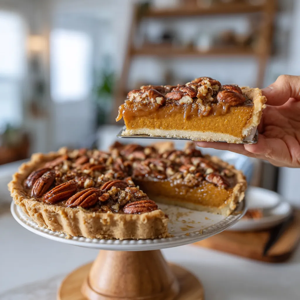 A slice of pumpkin pie is being held by a person.