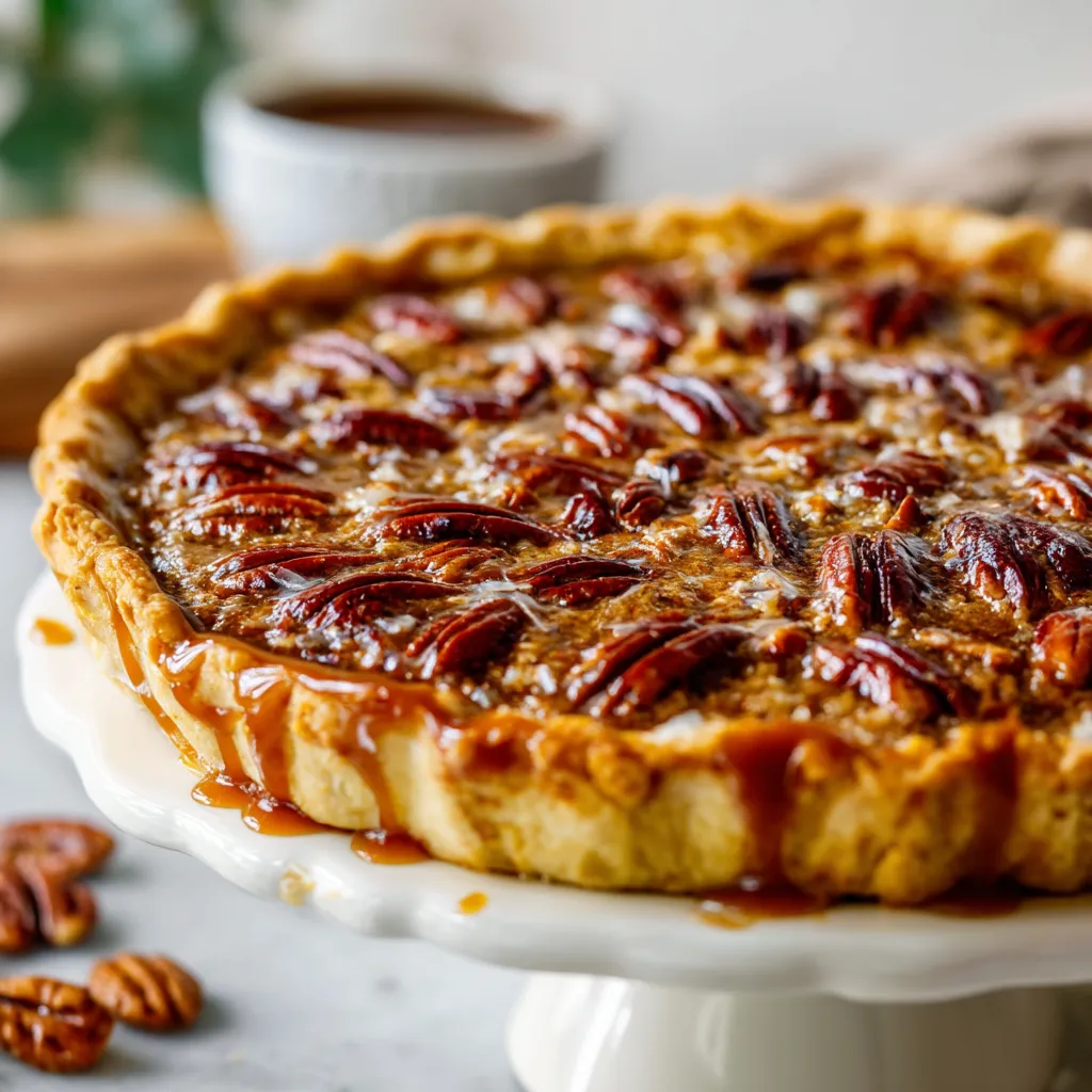 A pie with a brown crust and a filling of pecans and chocolate.