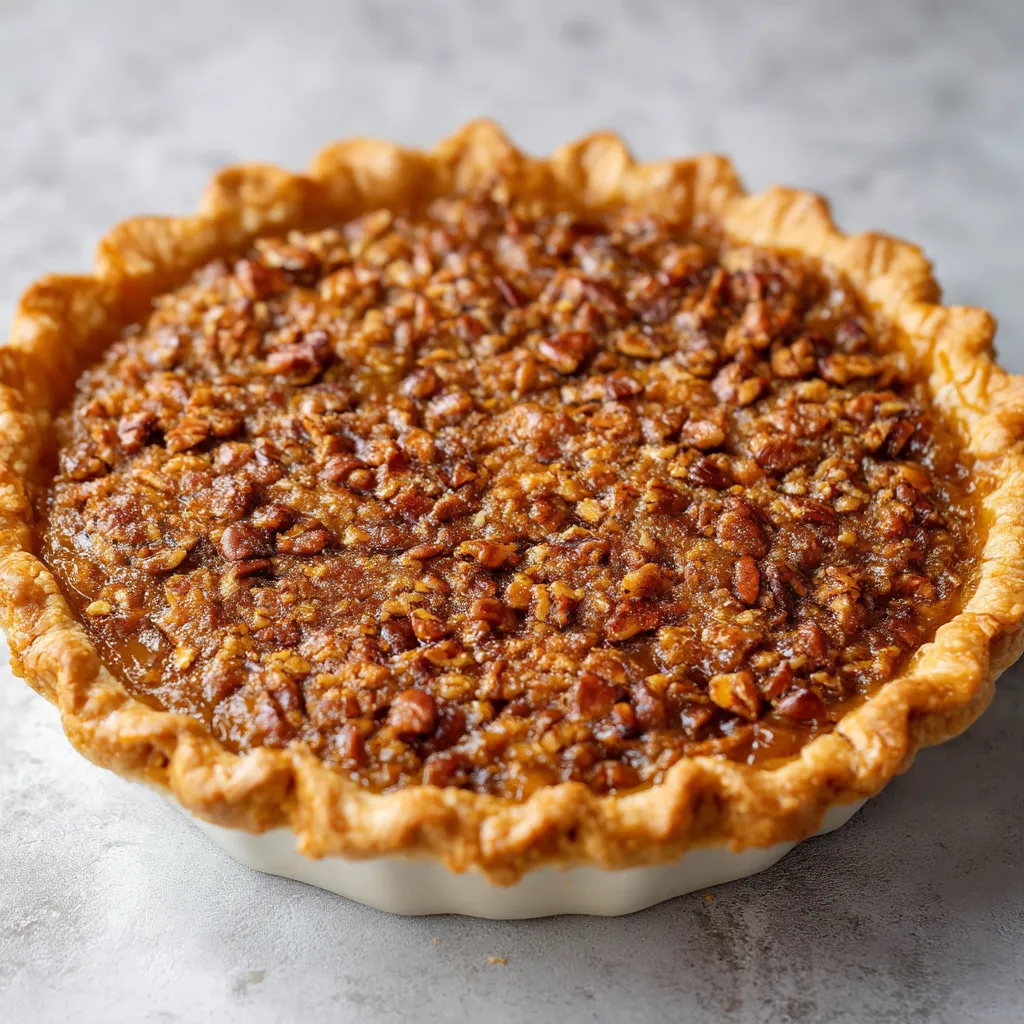 A pie with a crust and a filling of pecans.