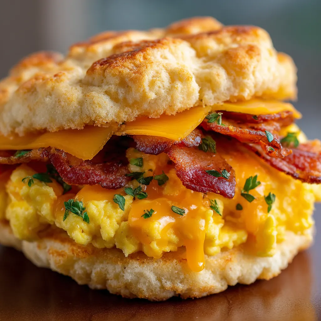 A breakfast sandwich with bacon and cheese.