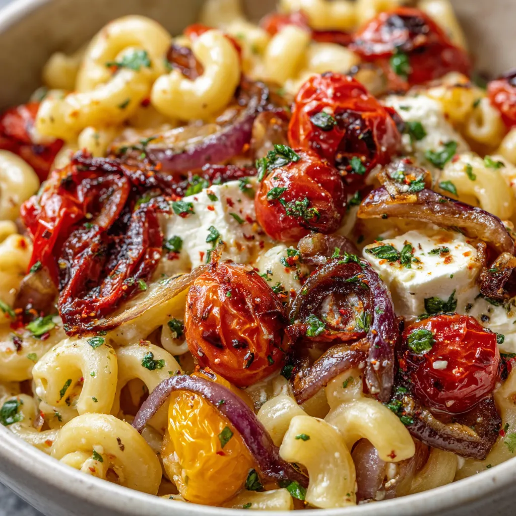 A bowl of pasta with tomatoes and cheese.