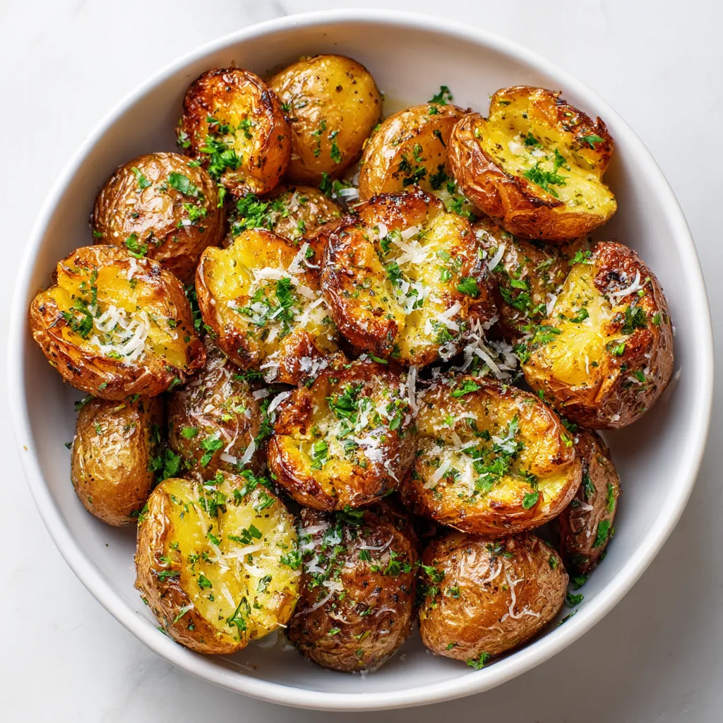 A bowl of potatoes with cheese and herbs.