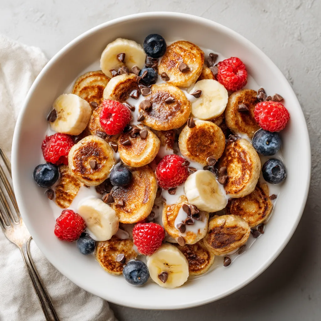A bowl of fruit with bananas, blueberries, and raspberries.