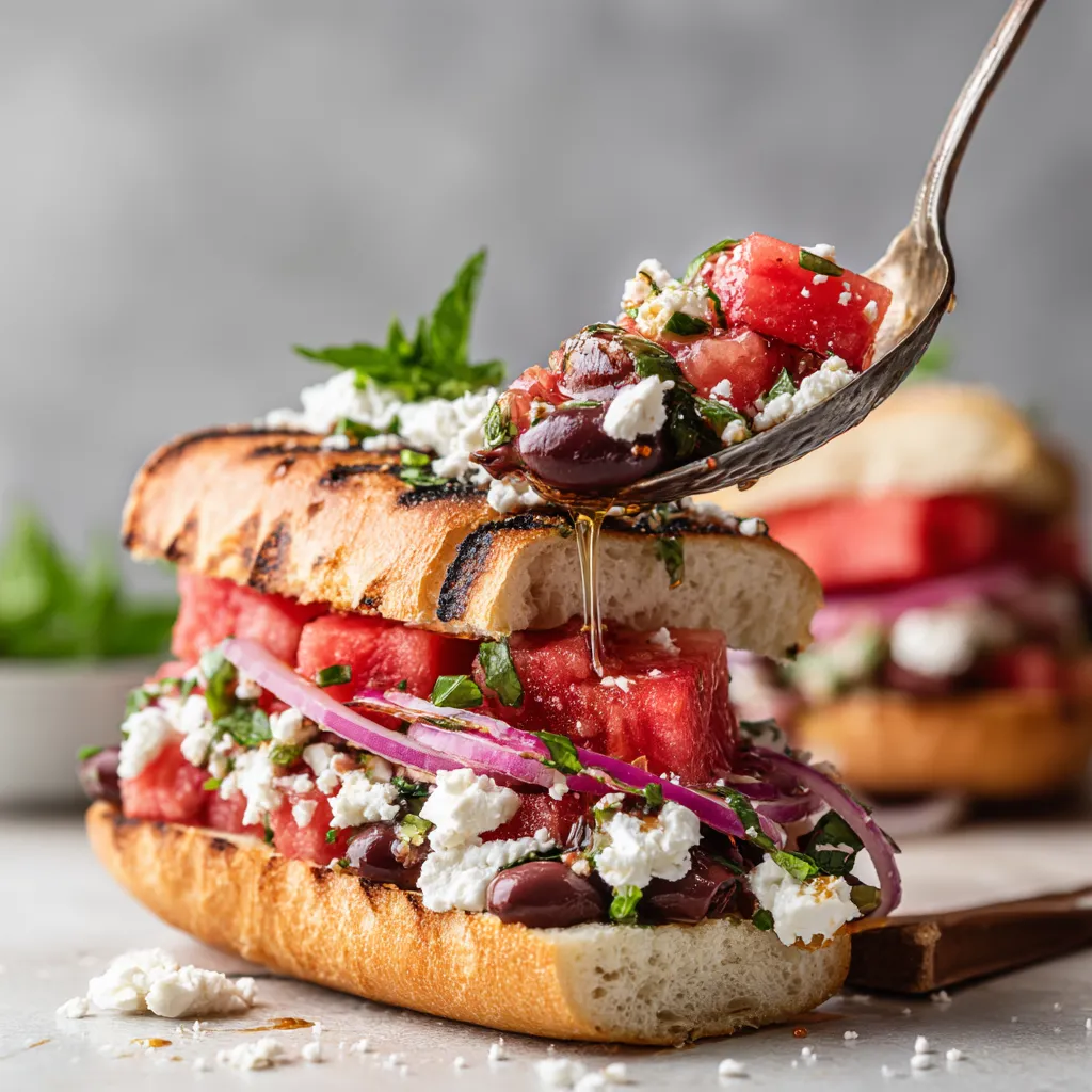 A sandwich with tomatoes, onions, and olives.