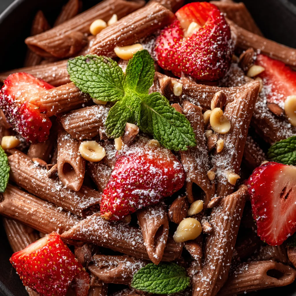A bowl of pasta with chocolate and hazelnut toppings, and strawberries on top.