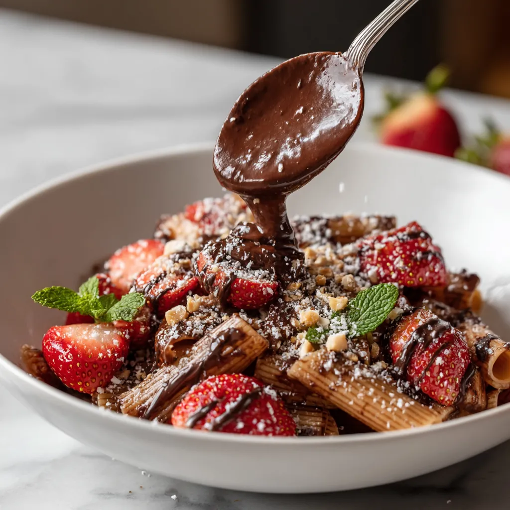 A bowl of pasta with chocolate sauce and strawberries.
