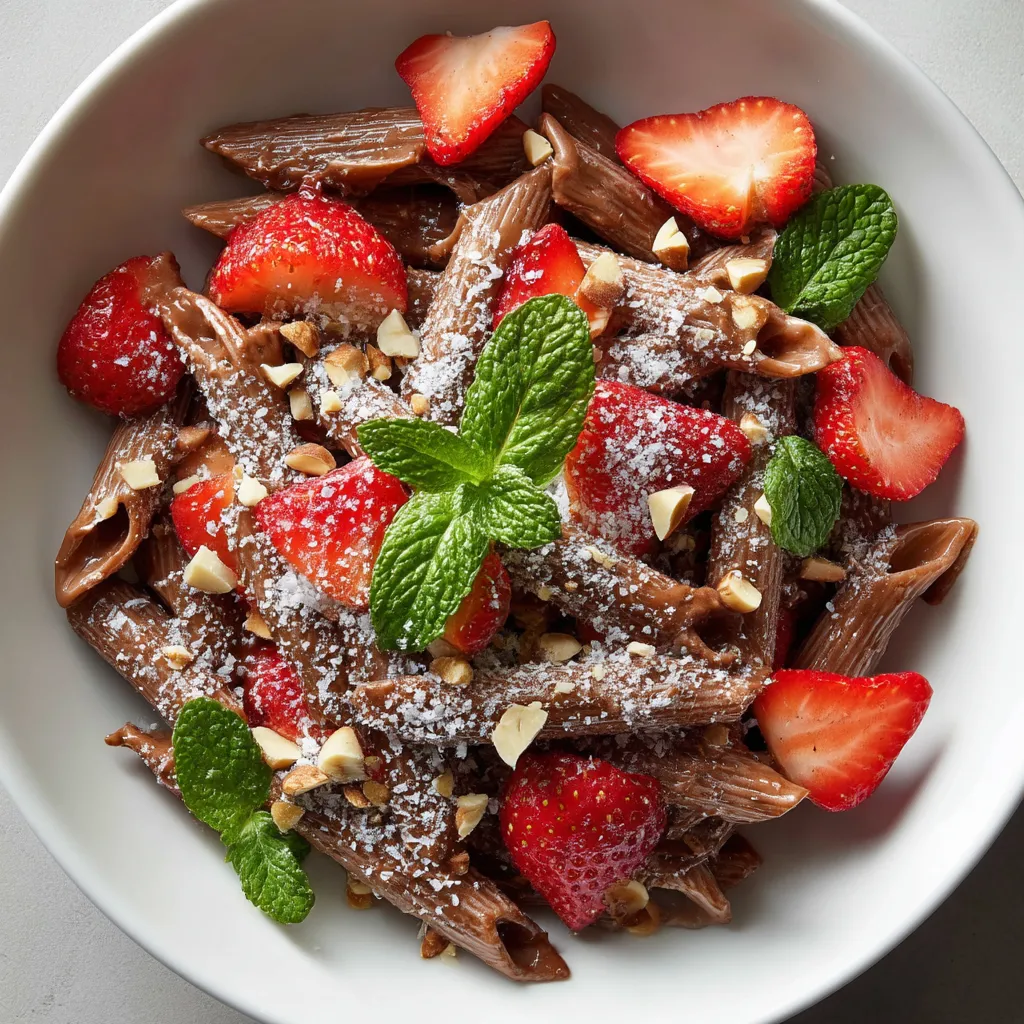 A bowl of chocolate-hazelnut pasta with strawberries.