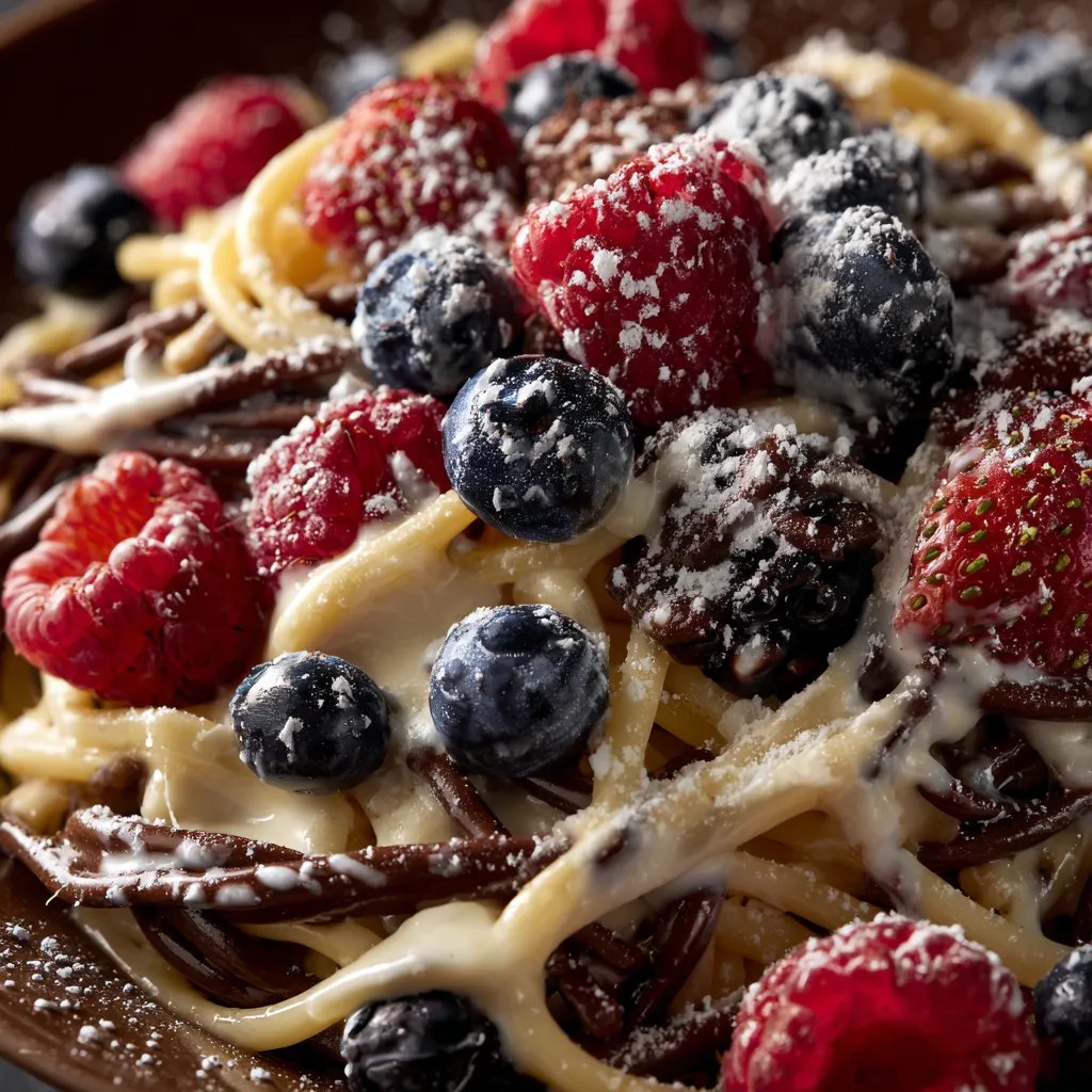 A plate of chocolate spaghetti with vanilla cream sauce.