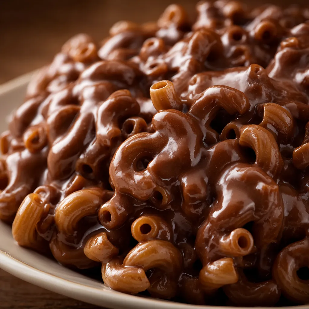A bowl of chocolate macaroni pudding.