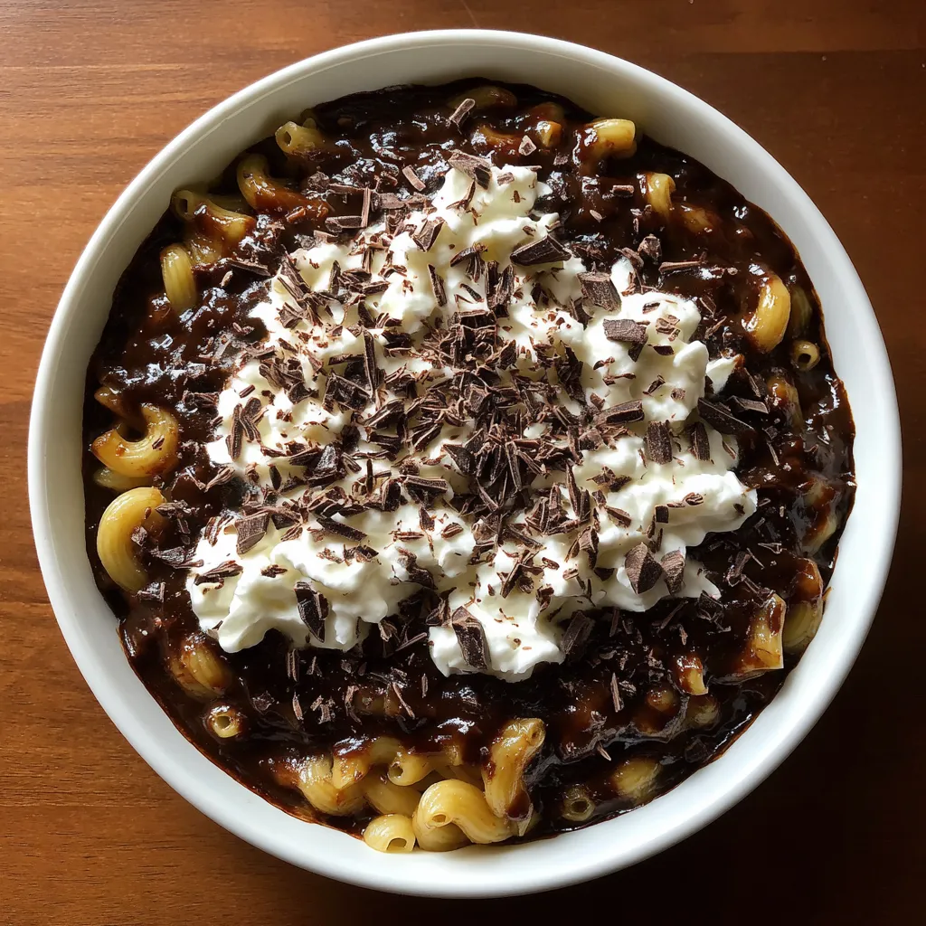 A bowl of chocolate macaroni pudding.